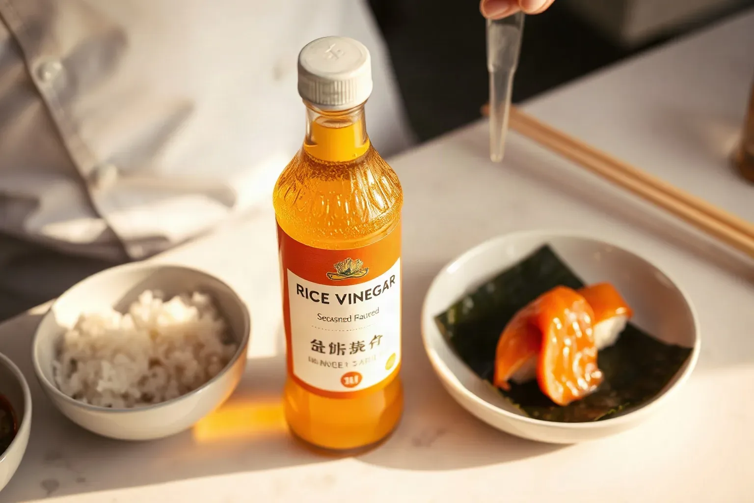 A chef's squeeze bottle of seasoned rice vinegar beside a portioned nori stack and a rice portion on a counter