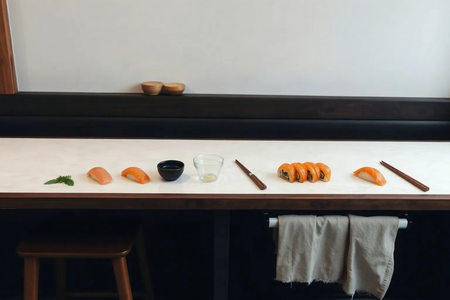Restaurant counter with dark timber edging