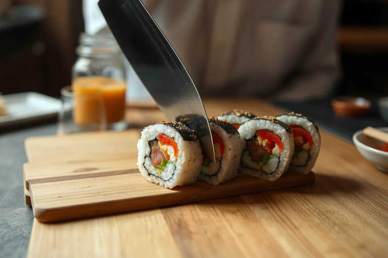 A long single-bevel knife pressing through a pressed sushi roll on a wooden board
