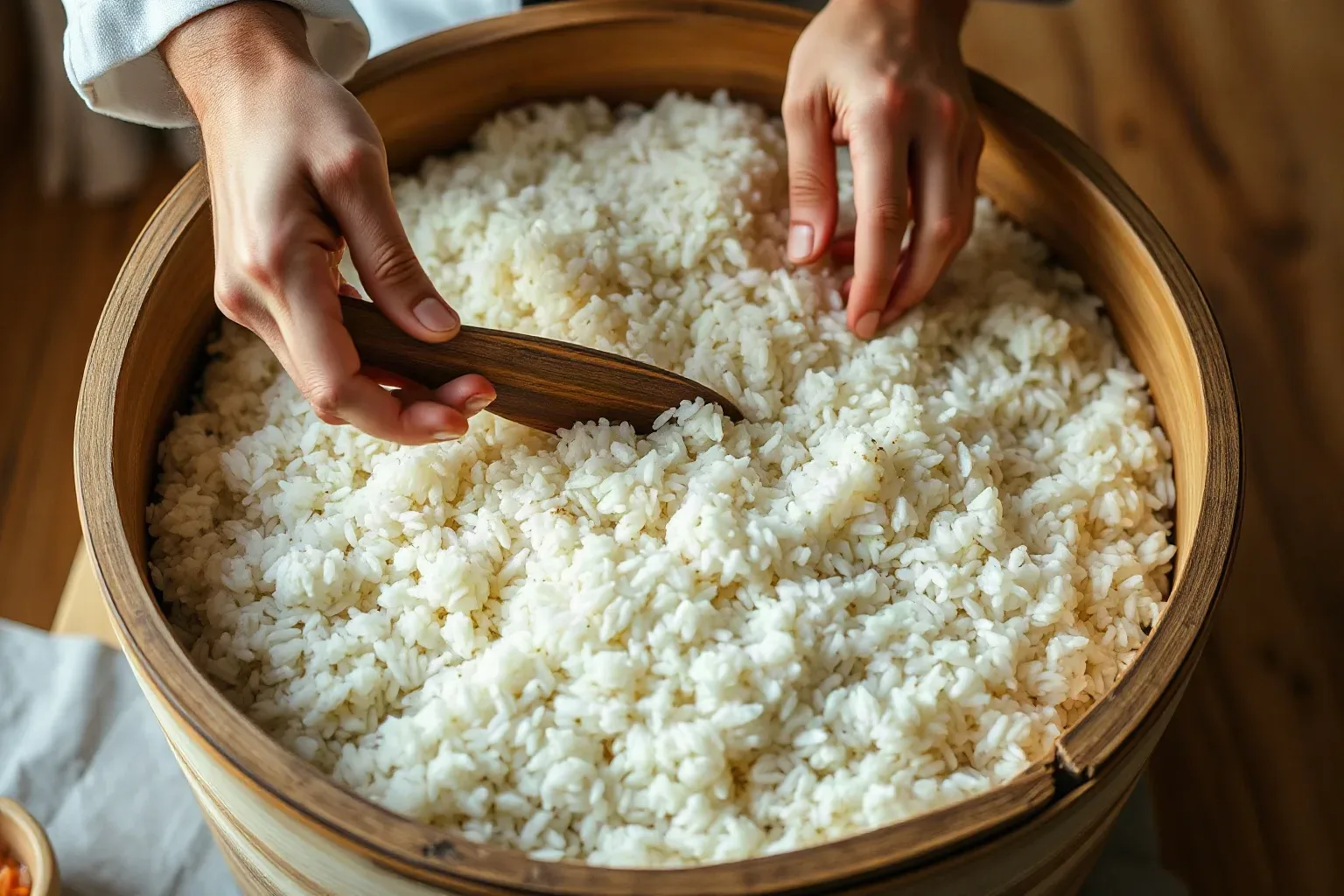 A wide wooden rice tub filling most of the frame