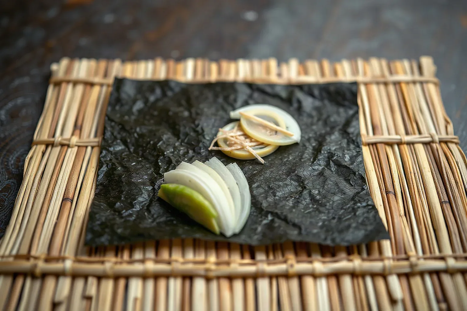 A bamboo rolling mat laid flat with a nori sheet across it