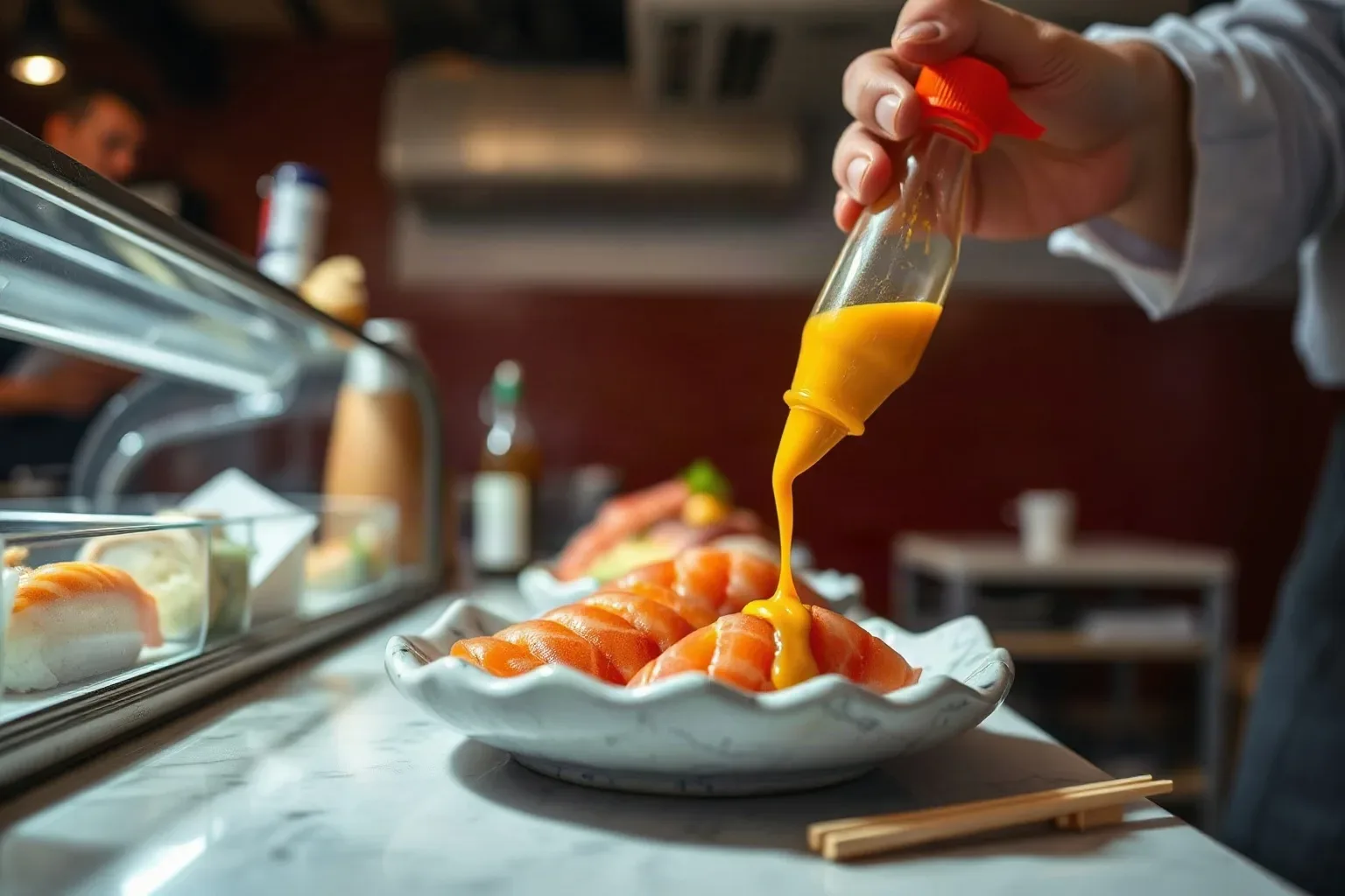 A chef's squeeze bottle of ponzu finishing a nigiri platter at a compact grab-and-go counter