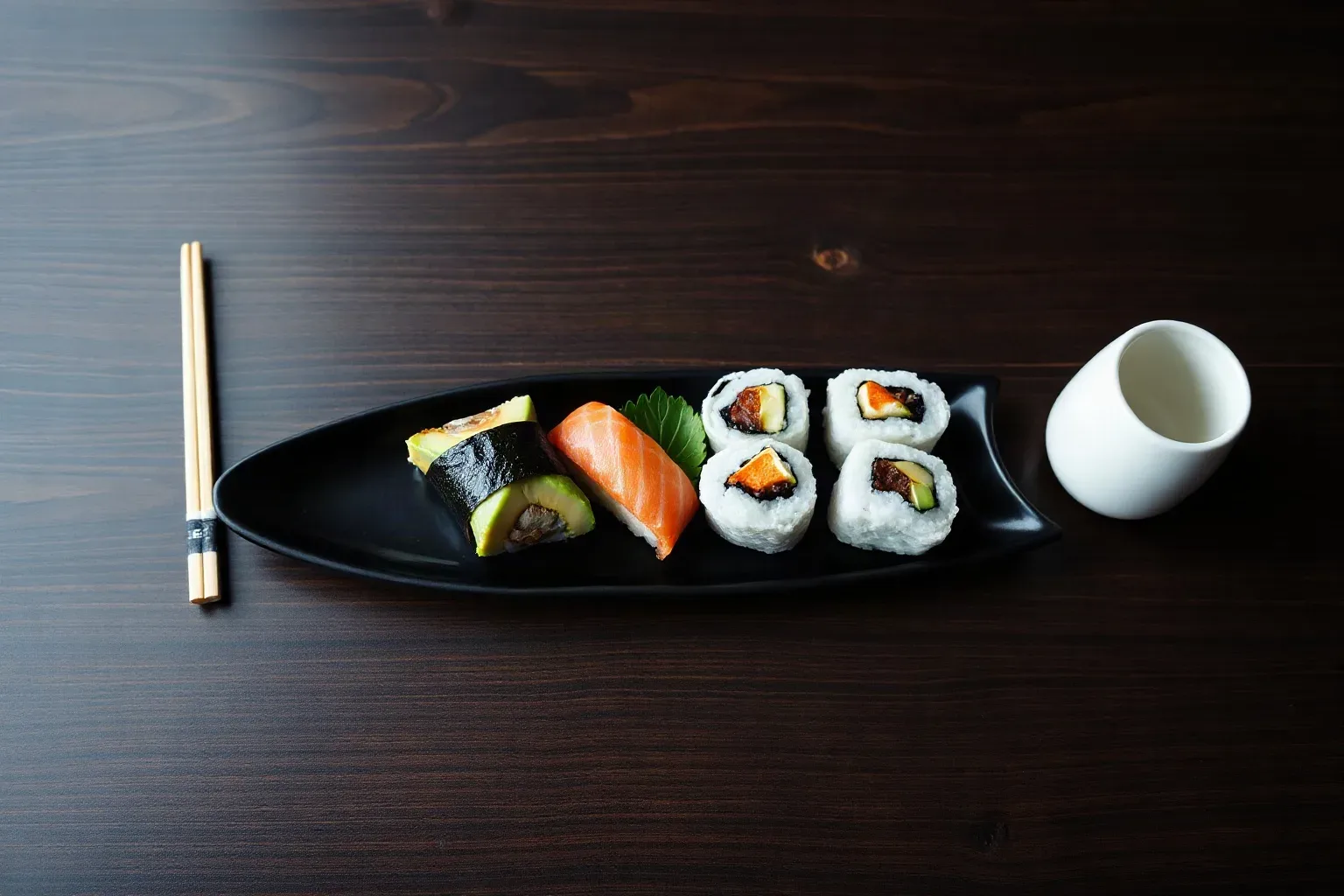 Two small ceramic cups beside a shared vegan sushi platter of inari pouches and avocado maki on a dark timber surface
