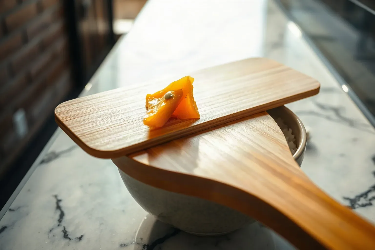 A flat wooden paddle resting across a sushi rice bowl