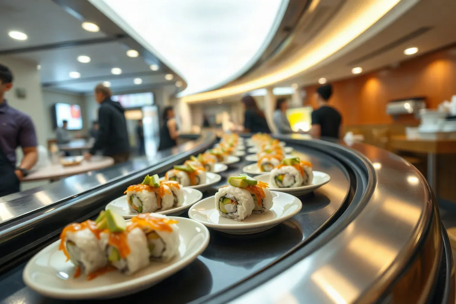 An oval kaiten conveyor carrying small plates of avocado and pickled daikon rolls through a restaurant dining area