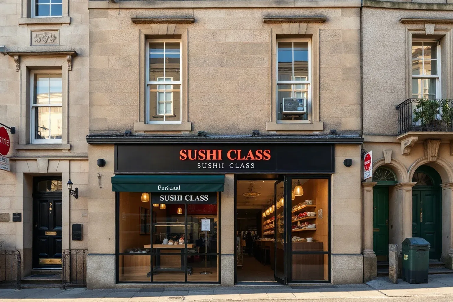 The ground-floor frontage of a stone-built Scottish city-centre tenement in early morning light